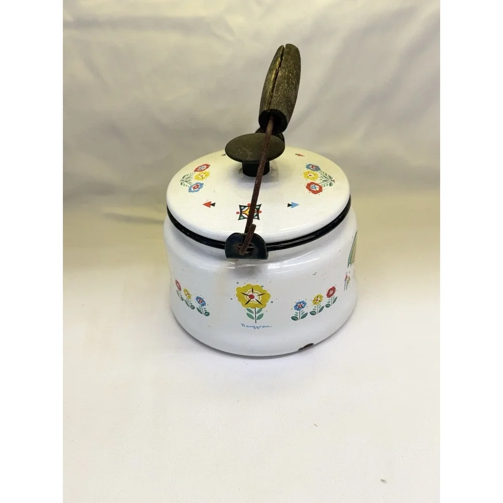 Berggren Rooster Enamelware Tea  Pot Kettle Swedish Folk Art Vintage with Handle